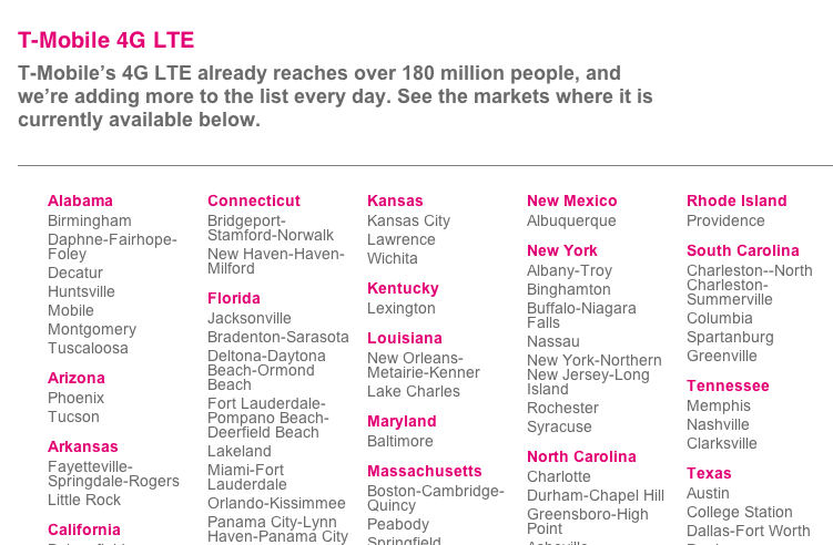 T-Mobile Updates LTE City 180 POPS And 154 Markets - TmoNews