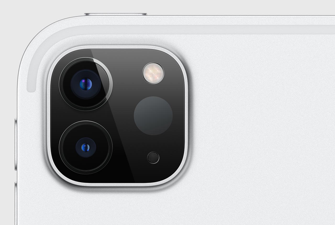  The image shows the camera system of the iPad Pro M4, which has three lenses and a flash.